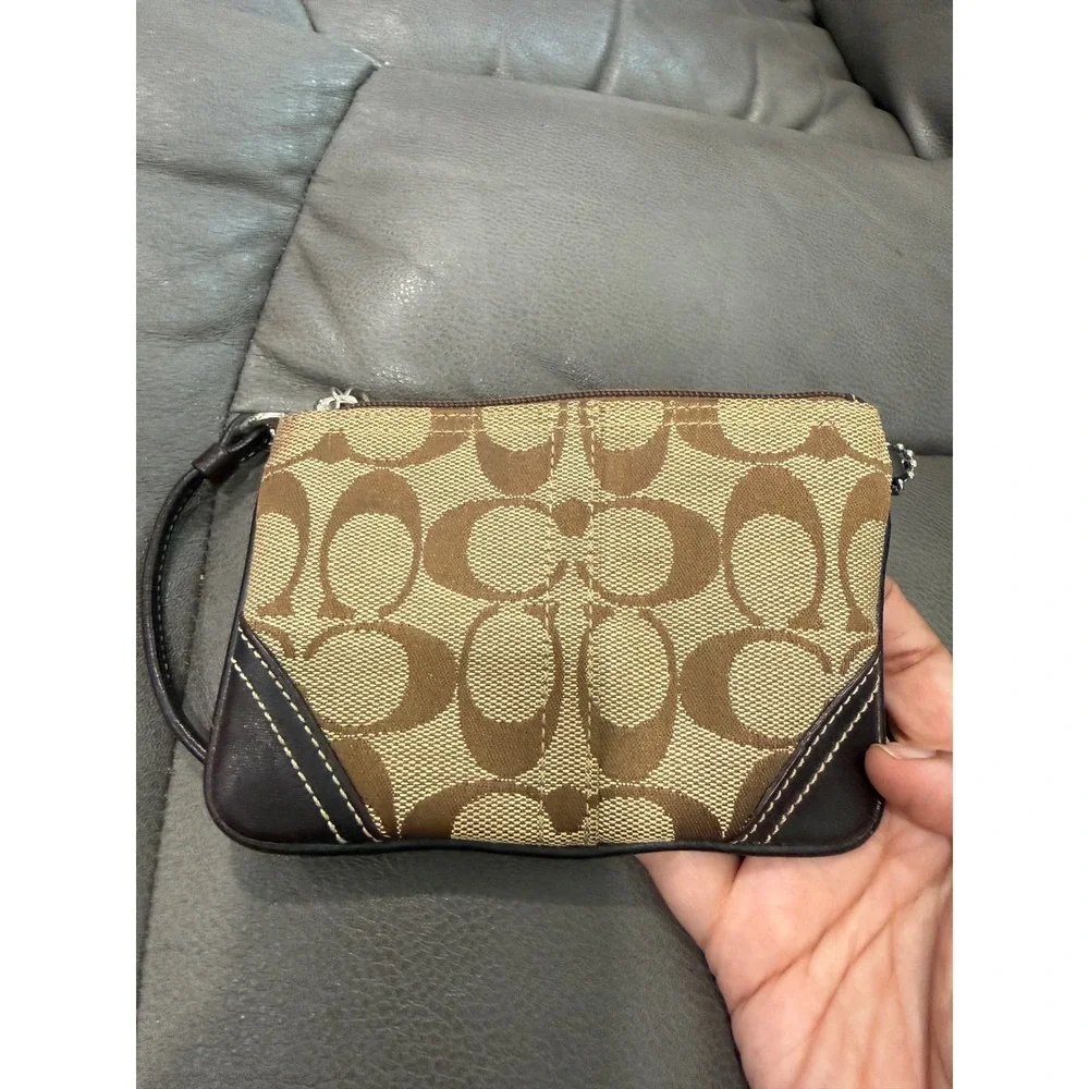 Coach Signature Jacquard Wristlet Khaki Brown Monogram Leather Trim Small Bag